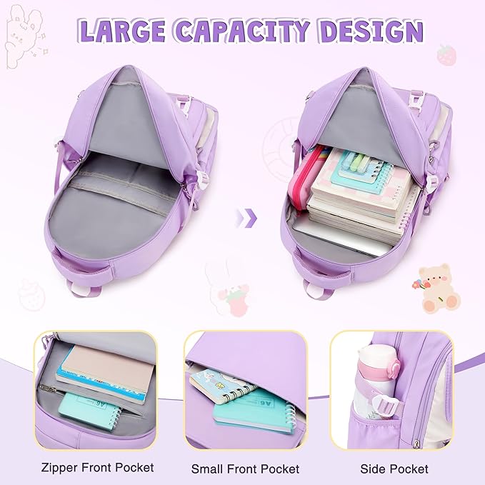 DIGOBAY 3PCS Girls Backpack for School, Kids Backpack for Girls with Lunch Box Pencil Case Set for Teen Girl Elementary Primary Middle High College School Bookbag with Cute Pins (Purple)