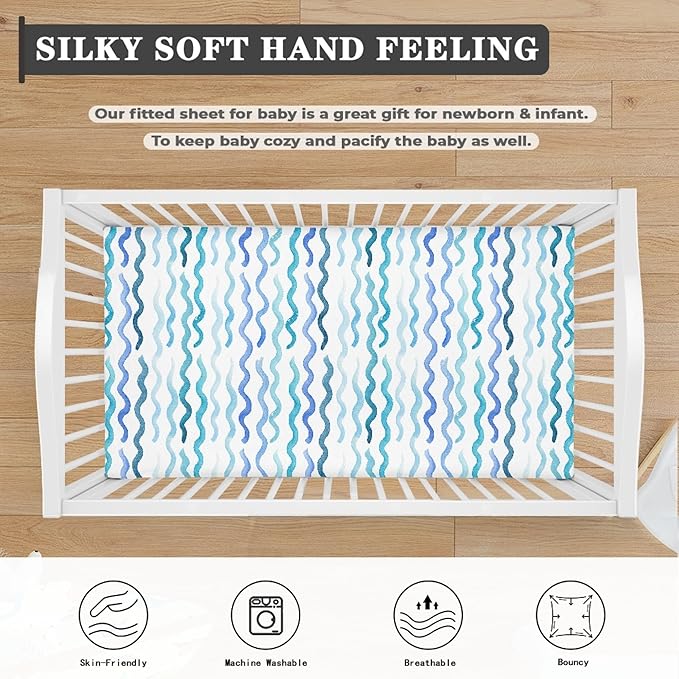 Blue Wave Fitted Crib Sheet for Boys Girls Nautical Pastel Colored Ocean Sea Waves Baby Sheet for Standard Crib and Toddler Cute Curve Nursery Bed Mattress Sheets 28"x52"