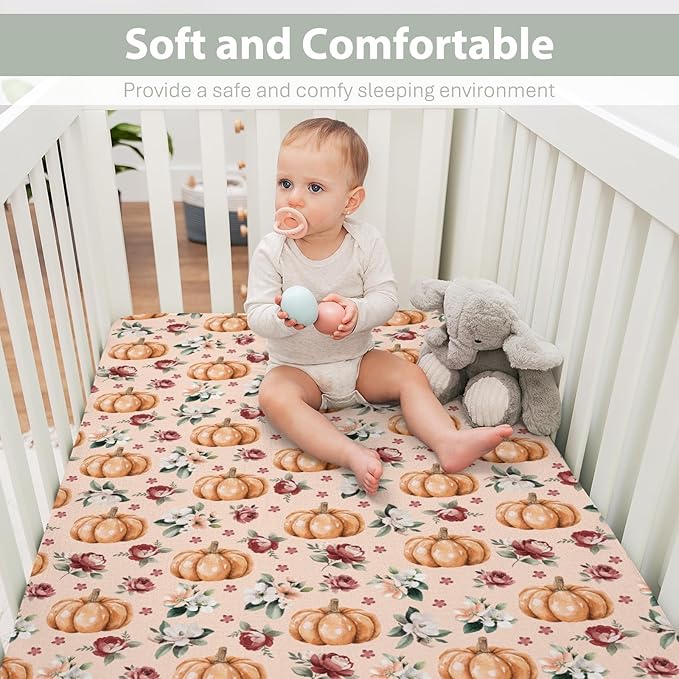 Vintage Floral Pumpkin Fall Baby Crib Sheets for Boy Girl 52x28 Pastel Pumpkins Flower Soft Snug Fitted Crib Mattress Cover Autumn Thanksgiving Harvest Baby Sheet for Standard Crib & Toddler Mattress