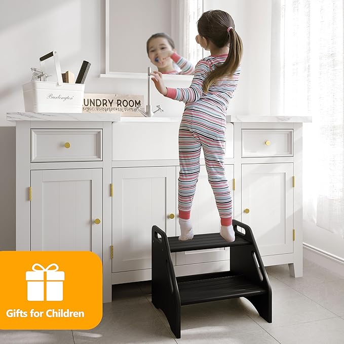 AMBIRD Wooden Step Stool - Two-Step 300 lbs Capacity With Safety Non-Slip Pads and Handles, Bamboo for Bathroom, Kitchen, Dual Height for Adults (Black)