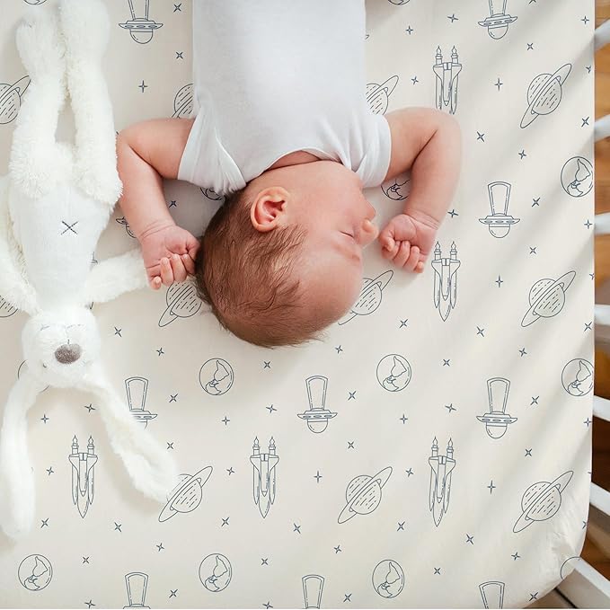 Makemake Organics GOTS Certified Organic Cotton Fitted Crib Sheet Soft Breathable (28"x52", Astronaut Blue)