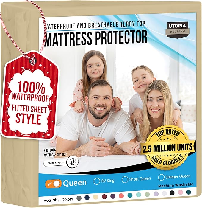 Utopia Bedding Waterproof Mattress Protector Queen Size, Premium 200 GSM Terry Mattress Cover, Soft & Breathable Bed Cover, Fitted Sheet Style with Stretchable Deep Pockets 17" (Beige)