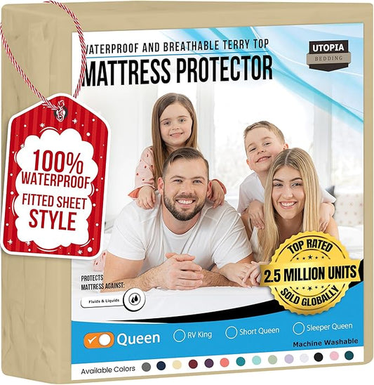 Utopia Bedding Waterproof Mattress Protector Queen Size, Premium 200 GSM Terry Mattress Cover, Soft & Breathable Bed Cover, Fitted Sheet Style with Stretchable Deep Pockets 17" (Beige)
