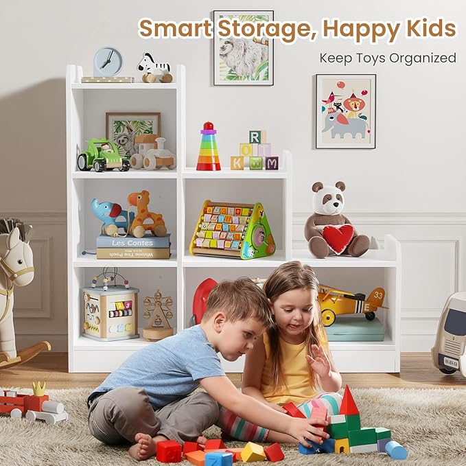Derfullo Book Shelf, 6-Cube Toy Organizers and Storage, Small Open Floor Montessori Bookcase for Kids Room, Bedroom and Playroom, 35.4" W x 11.8" D x 31.5" H, White