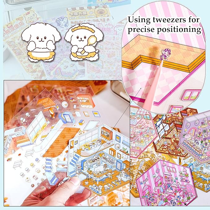 DIY 3D Sticker Scene, 6 Sets of Stickers for Girls Make Your Own Mini Room Scene Stickers for Kids Cute Kawaii Sticker Therapy for Adult Relief Stress, Holiday & Christmas Fun