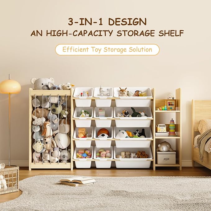 EXPERLAM 3-in-1 Toy Storage Organizer, Stuffed Animal Holder & 3-Tier Bookcase, Solid Wood Toy Organizer with 12 Storage Bins, Space-Saving Toy & Book Shelf for Kids Rooms, Bedroom, Playroom, White