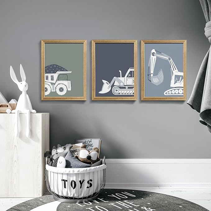 Construction Truck Kids Room Wall Art Deco Bulldozer Pictures Tractor Vehicle Poster Dump Truck Wall Art Boy Room Canvas Wall Decoration Baby Room Print Boy Bedroom 12x16 Inch Frame 3 Piece Set