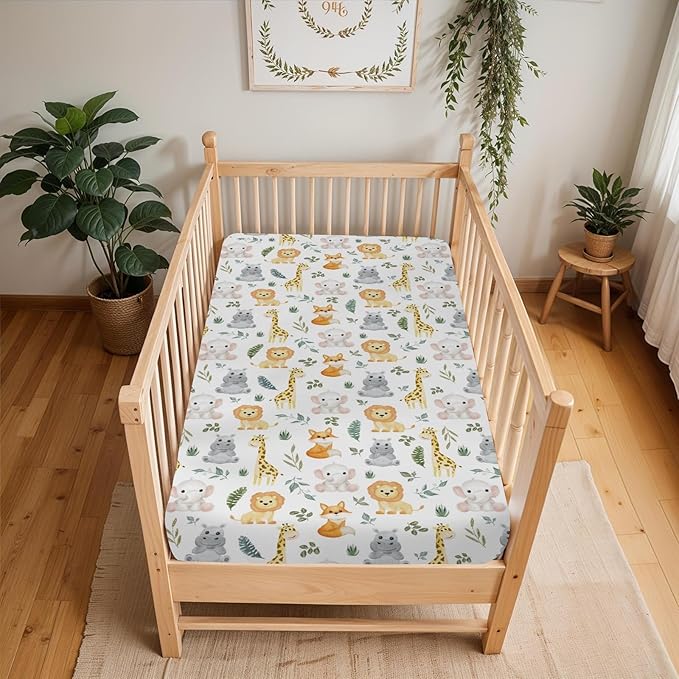Safari Animals Baby Crib Sheets for Boy Girl 28"x52" Lion Giraffe Elephant Hippo Tropical Leaves Soft Snug Fitted Crib Mattress Cover Zoo Jungle Nursery Baby Sheet for Crib & Toddler Bed Mattress