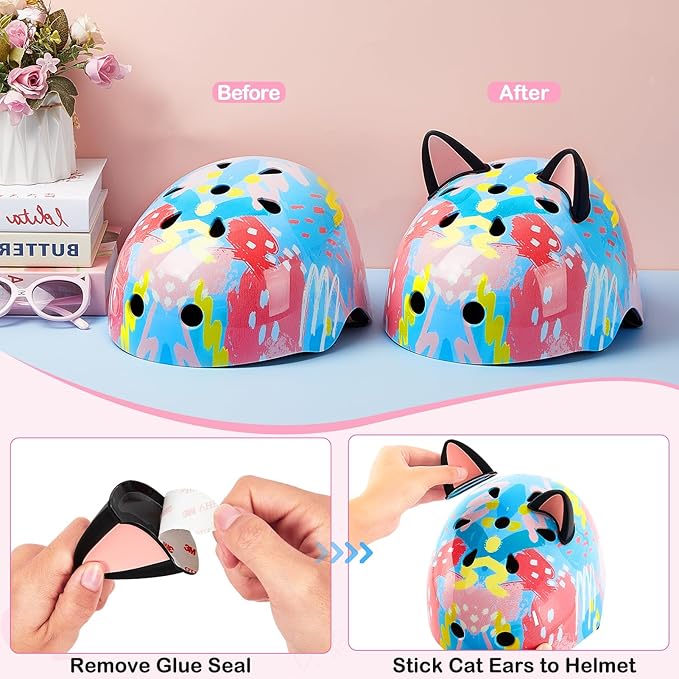 Kids Helmet, Bike Helmets for Kids 8-14 with Knee Pads and Elbow Pads Wrist Guards, Adjustable Youth Girls Bike Helmet with DIY Cat Ears Skateboard Helmet for Scooter Skating Cycling