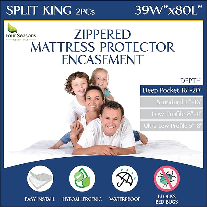 Split King Mattress Encasement 39" x 80" (2PCs Twin XL) - Waterproof Zippered Protector Hypoallergenic Premium Quality Deep Pocket Cover for Adjustable Beds and Split Mattresses (16"-20" Depth)