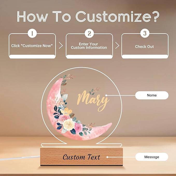 IOUMAM Personalized Baby Gifts for Kids, Custom Moon Flower Acrylic Plaque Name Night Light for Toddler, Unique Birthday Newborn Baby Shower Gifts for Boys Girls Nursery Bedroom Room Decor