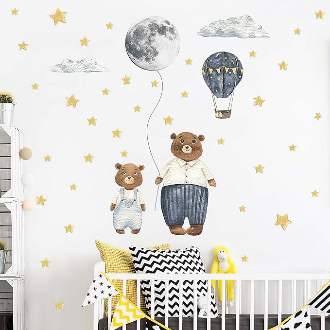 Ollaland Papa & Baby Bear Wall Decals - Peel and Stick Bears Hot Air Balloon Stars Moon Clouds Wall Stickers, Decor for Baby Nursery, Toddler & Kids Bedroom Walls (Bears)