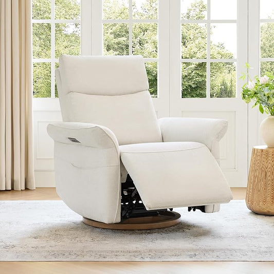 CHITA Power Recliner Chair, Electric Triple-Motor Swivel Glider Nursery Rocking Chair with Adjustable Power Headrest and Lumbar Support, Solid Wood Base, Linen