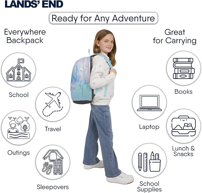 Lands' End Unisex Kids Medium ClassMate Lightweight Durable Elementary School Backpack, Pastel Lilac