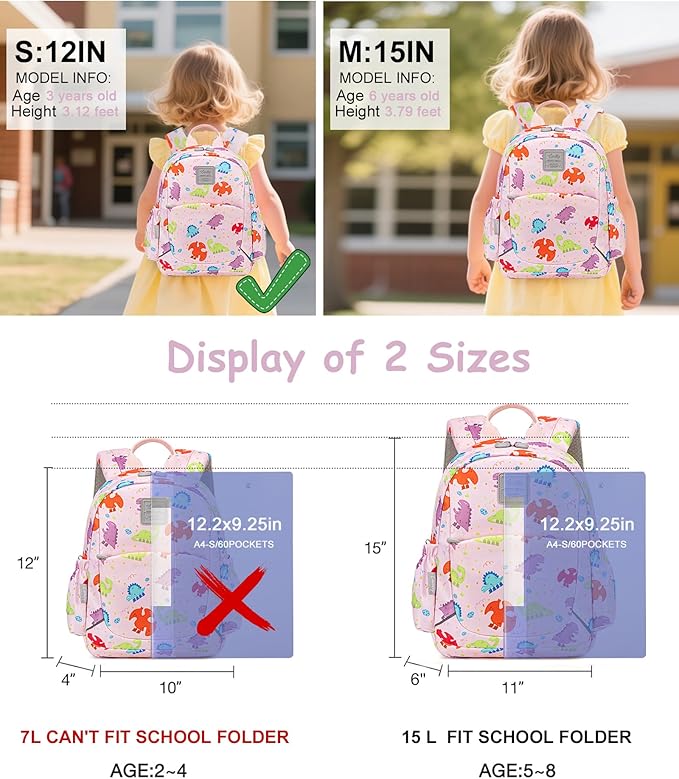 CAMTOP Toddler Backpack for Boys Girls 2-4, Kids Backpacks for Kindergarten Preschool, 12" H Small Bookbag for Daycare Travel (Pink Dinosaur, 12''- Not fit A4 folder)