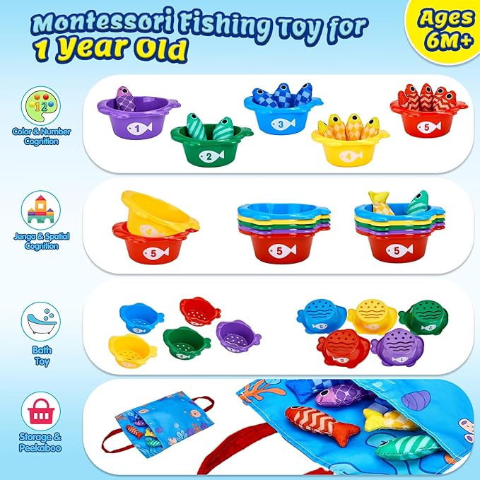 Montessori Toys for 1 Year Old Boy Girl Birthday Gift- Cloth Fishing Game for Toddler1-3 for Grandkids with Stacking Cups Learning Educational Toys Baby Toys 12-18 Months