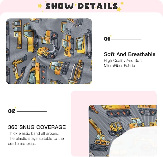 Construction Excavator Trucks Crib Sheets Soft Breathable Fitted Baby Crib Sheets Mattress Cover for Girls Boys, 52" x 28" x 9"