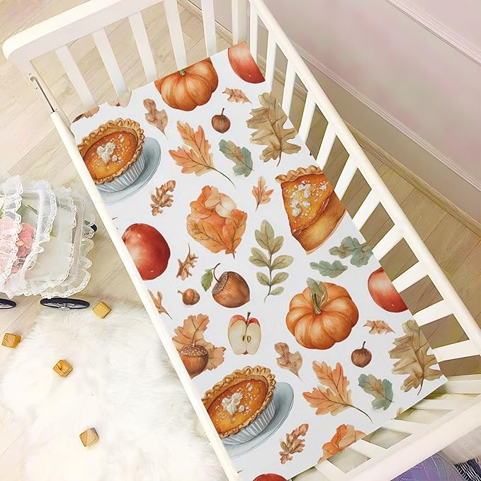 Thanksgiving Pumpkins Pie Crib Sheets Soft Breathable Fitted Baby Crib Sheets Mattress Cover for Girls Boys, 52" x 28" x 9"