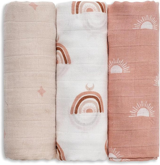 GLLQUEN BABY Receiving Blanket Boy Cotton Muslin Swaddle Blankets Girl Newborn Squares Breathable & Soft Thin Baby Blankets Cloths Double Absorbent Infant Swaddling Wrap - 3 Pack (Sun)