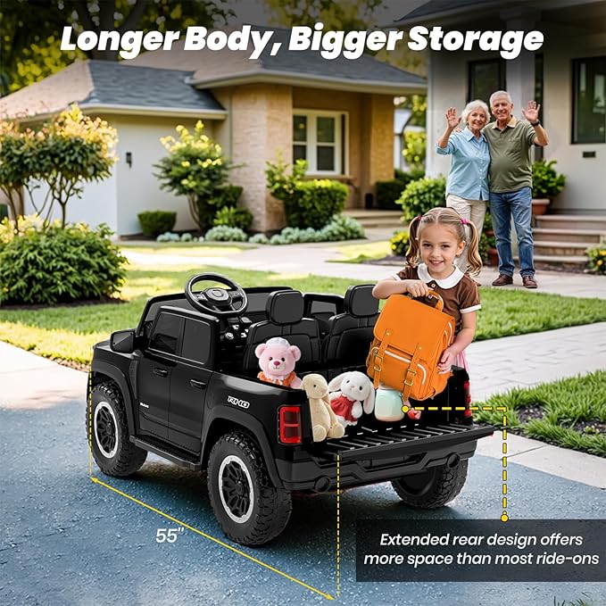 Licensed RAM 1500 RHO 2 Seater Electric Car, 24V Ride on Car for Big Kids with Remote Control, Toddler Ride on Toy w/4 Wheels Suspension, LED Lights, Bluetooth, Soft Start Function (Black)