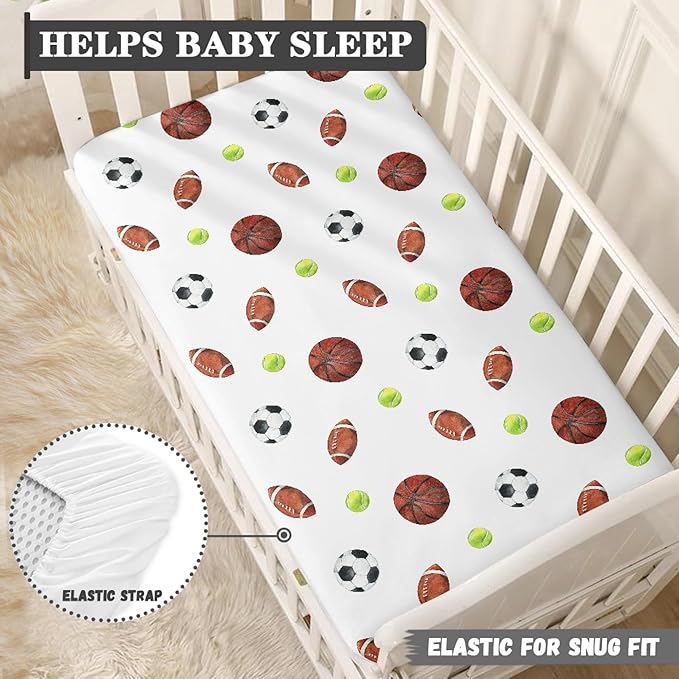 Sports Theme Fitted Crib Sheet for Boys Girls Soccer Balls Football Baseball Basketball Baby Sheet for Standard Crib and Toddler Nursery Bed Mattress Sheets 28"x52"
