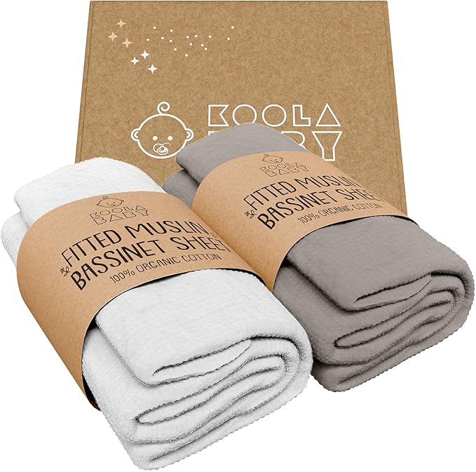 Bassinet Sheet for Bassinet Mattress - 100% Organic Muslin Cotton - Snuggly Soft & Cozy Sheets Fitted for Maxi COSI Iora, Angelbliss, Baby Joy & Kids Club Bedside Sleeper - 2 Pack