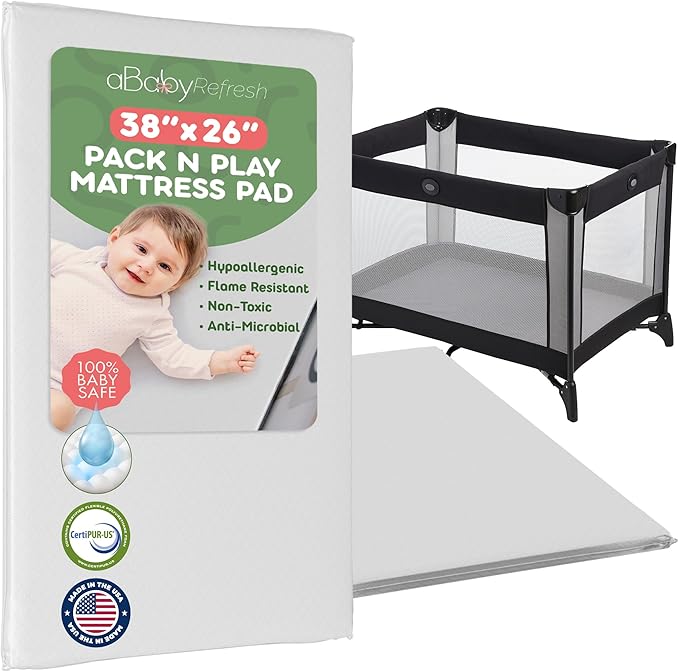 Pack and Play Mattress 38x26 x1-1-Inch Firm Foam Pack n Play Mattress Pad with Waterproof Vinyl Cover - Safe Secure Fit for Playard Bedding - CPSC Compliant Foldable Portable Travel Baby Bed