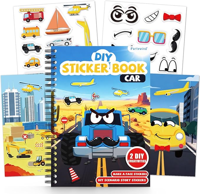 Cars Reusable Sticker Book for Toddlers, DIY Make-a-face Fun Jelly Stickers, Washable Puffy Stickers for Kids Toys, Airplane Road Trip Travel Activities Essentials for Kids 3 4 5 Years