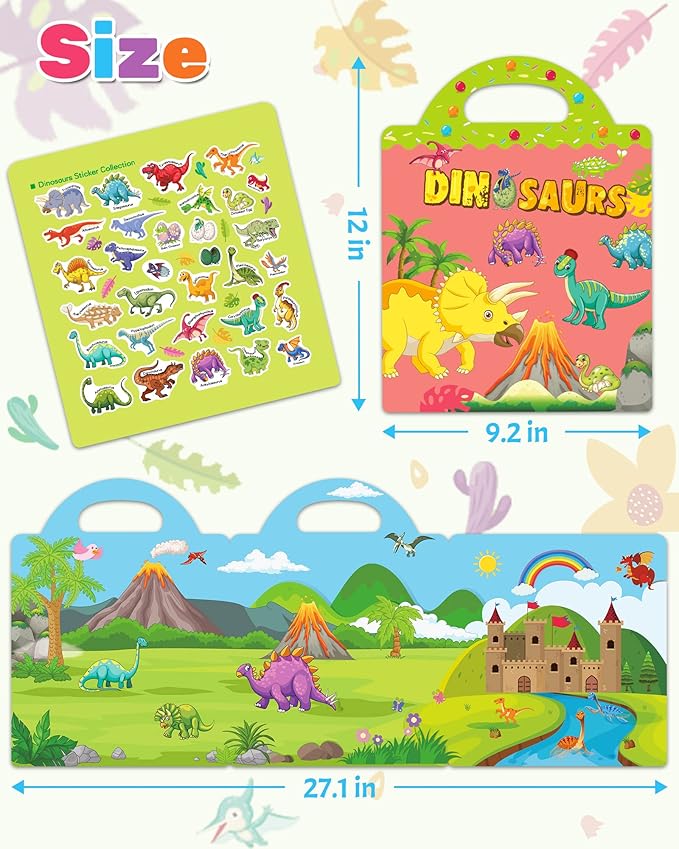 Benresive Reusable Sticker Books for Toddlers, Fun Travel Stickers for Kids, Toddler Sticker Book, Crafts Activities for Toddlers, 3 and Up Birthady Gifts - Dinosaurs