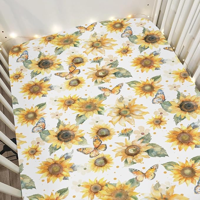 Boho Sunflowers Butterflies Baby Crib Sheets for Boy Girl 52x28Inch Yellow Sunflower Leaves Soft Snug Fitted Crib Mattress Cover Spring Summer Baby Sheet for Standard Crib and Toddler Bed Mattress