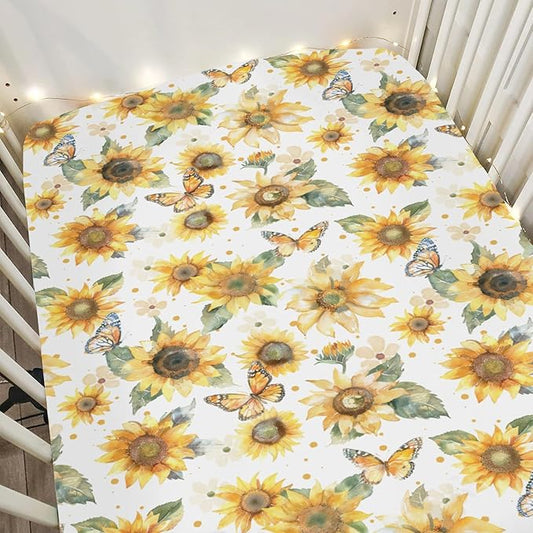 Boho Sunflowers Butterflies Baby Crib Sheets for Boy Girl 52x28Inch Yellow Sunflower Leaves Soft Snug Fitted Crib Mattress Cover Spring Summer Baby Sheet for Standard Crib and Toddler Bed Mattress