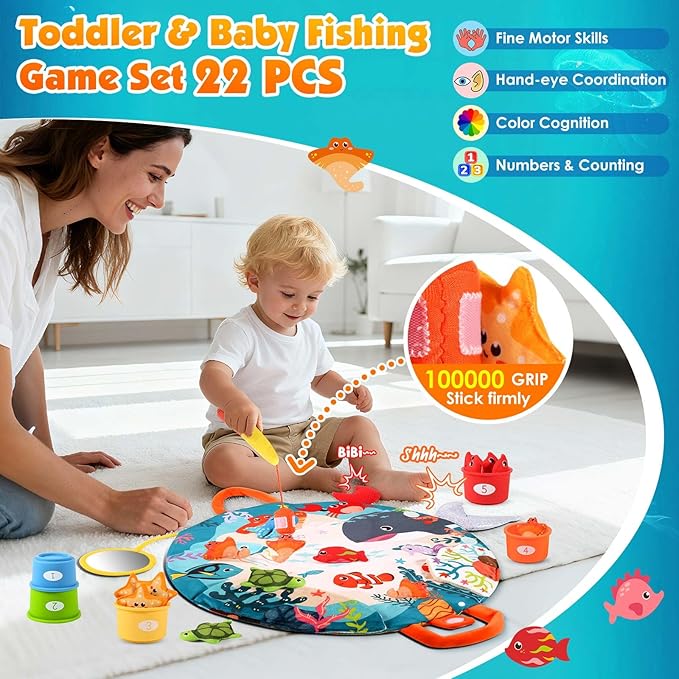 FREYBLI Montessori Toys for 1 Year Old Boy Girl Birthday Gifts - Toddler Fishing Game Toys with Stacking Cups, Mirror, Rattle - Educational Learning Sorting Toy for One Year Old Baby Boy Gifts