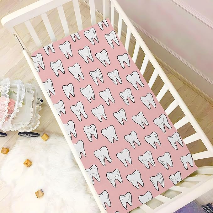 Cute Dental Teeth Crib Sheets Soft Breathable Fitted Baby Crib Sheets Mattress Cover for Girls Boys, 52" x 28" x 9"