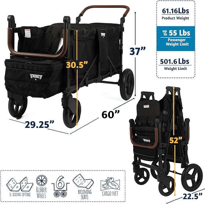 Keenz XC EVO Luxury Comfort Stroller Wagon | Foldable 6 Passenger with Adjustable Canopy |Black