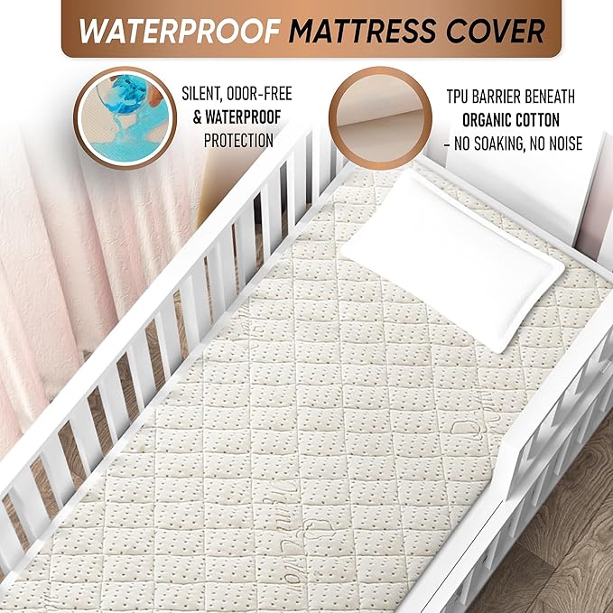 Crib Luxury Quilted Organic Mattress Protector Pad - Certified Organic Cotton, Waterproof Skin-Friendly Breathable Mattress Cover - Premium 380 GSM Comfort - Jersey Cotton Skirt