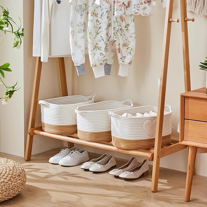 BUBUSUN Storage Bins Woven Baskets for Storage Set of 3, Cotton Rope Basket with Handles for Toys/Shelves/Laundry, Rectangle Multi-Purpose Organizer for Living Room, Bedroom, Nursery (Heart)