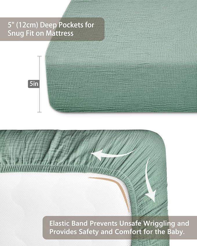 Mini Crib Sheets for Baby, Fitted Pack N Play Mattress and Mini Cribs 24" x 38", Neutral Muslin Cotton Mini Crib Mattress Sheet with Boho Style, Soft and Breathable Comfort (Roman Green)