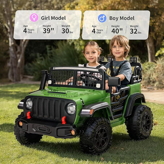 2 Seater Ride on Car Toy, 12V Electric Car for Kids 4-8 with Remote Control, Capacity 110 lb, LED Light - Army Green
