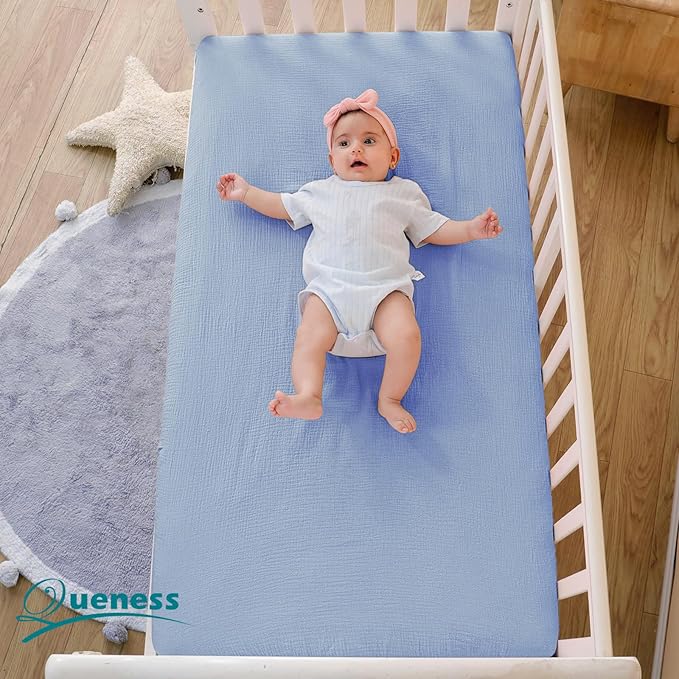 Muslin Crib Sheets for Baby Boys Girls, Neutral Fitted Crib Mattress Sheet for Standard Crib and Toddler Mattress, Soft and Breathable Bed Covers, 28” x 52” (Sky Blue)