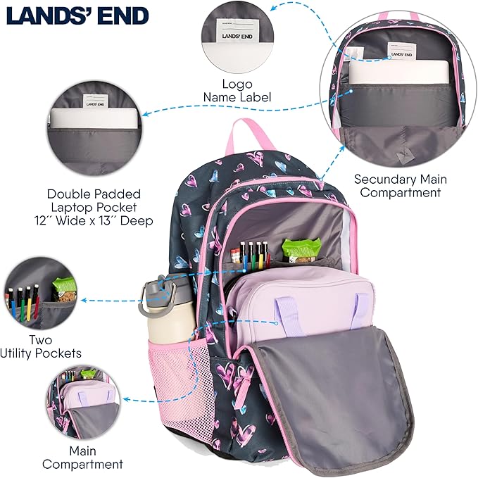 Lands' End Unisex Kids Large ClassMate Lightweight Durable Elementary School Backpack, Hot Pink