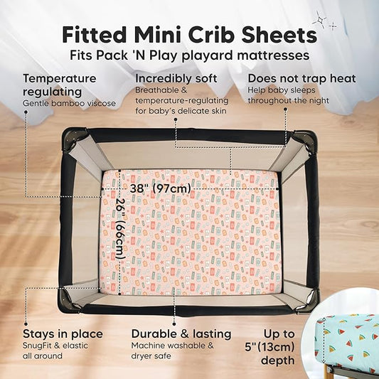 Pack and Play Sheets Fitted - 2-Pack Mini Crib Sheets for Pack N Play Mattress 38x26, Soft & Cozy, Neutral Toddler Playard Bedding, Snug Fitted Mini Baby Crib Mattress Cover Boy, Girl (Beach Day)