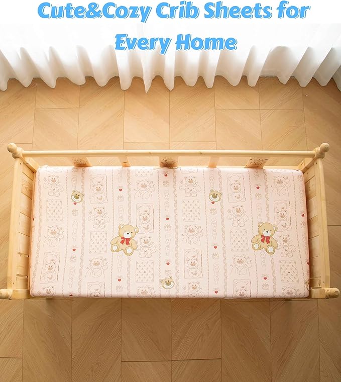 SDY Jersey Crib Sheets for Baby Girls,52"x28"X8", Pink Kawaii Bear Standard Oval/Retangle Crib Mattress Sheets for Toddler,Super Soft Breathable