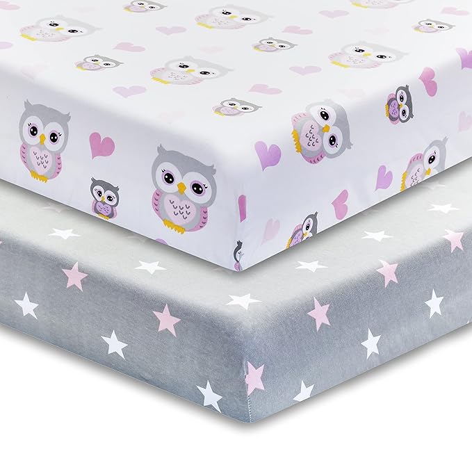 2 Pack Fitted Crib Sheets for Girls in 100% Jersey Knit Cotton – Girl’s Crib Mattress Sheets with a Nature Theme of Owls with Purple and Pink Hearts and a Gray Sheet with Pink Hearts by Everyday Kids