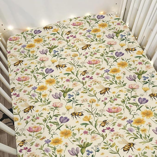 Vintage Bees Wildflowers Baby Crib Sheets for Boy Girl 52"x28" Retro Boho Flowers Soft Stretchy Fitted Crib Mattress Cover Spring Summer Baby Sheet for Standard Crib and Toddler Mattress