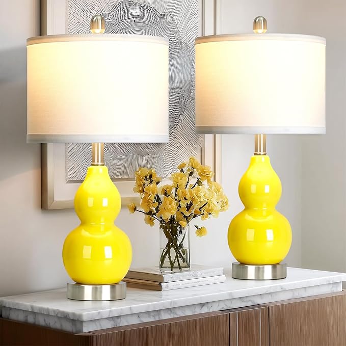 luxeflow Double Gourd Ceramic Table Lamps Set of 2, Yellow Modern Bedside Lamps for Living Room, Contemporary Nightstand Desk Lamps for Bedroom End Table Home Office Decor(2 LED Bulbs Included)