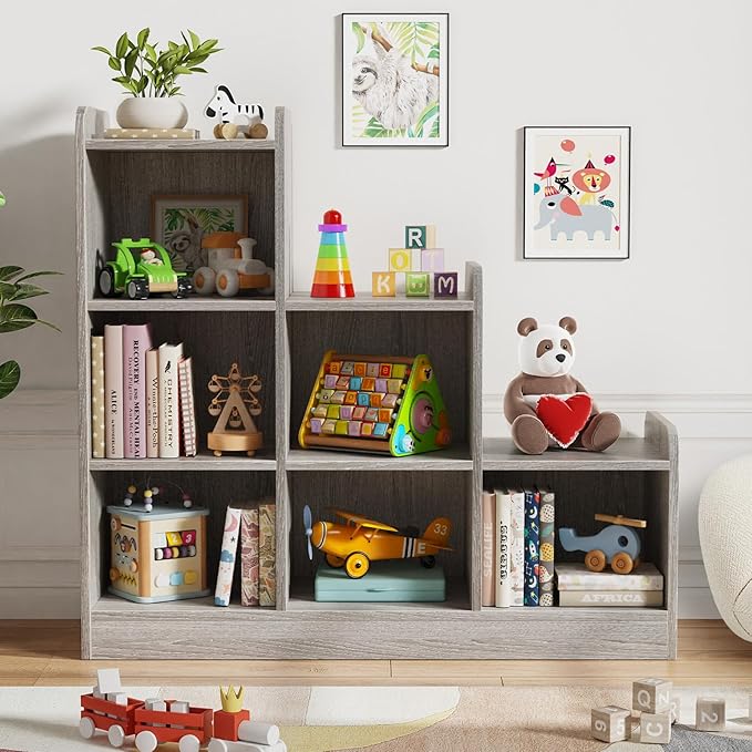 Derfullo Book Shelf, 6-Cube Toy Organizers and Storage, Small Open Floor Montessori Bookcase for Kids Room, Bedroom and Playroom, 35.4" W x 11.8" D x 31.5" H, Grey