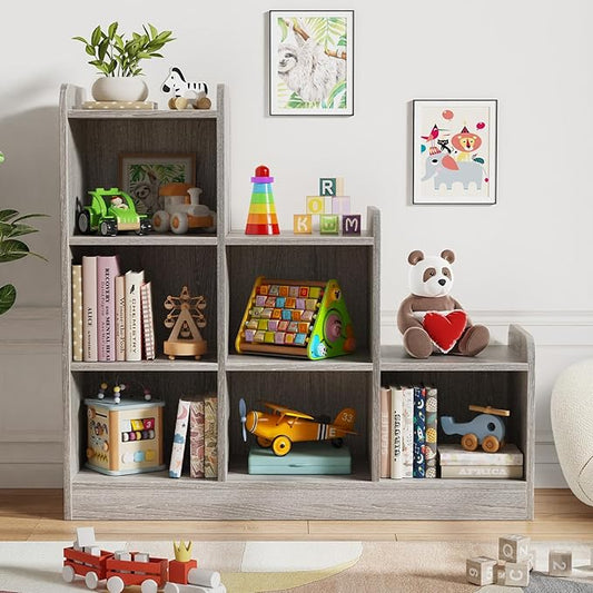 Derfullo Book Shelf, 6-Cube Toy Organizers and Storage, Small Open Floor Montessori Bookcase for Kids Room, Bedroom and Playroom, 35.4" W x 11.8" D x 31.5" H, Grey