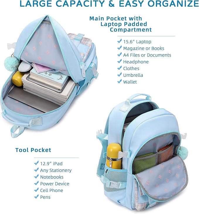 KIDNUO Backpack for Girls, 15.6 Inch Laptop School Bag Kids Kindergarten Elementary College Backpacks Large Bookbags for Teen Girl Women Students Casual Travel Daypacks (Blue)
