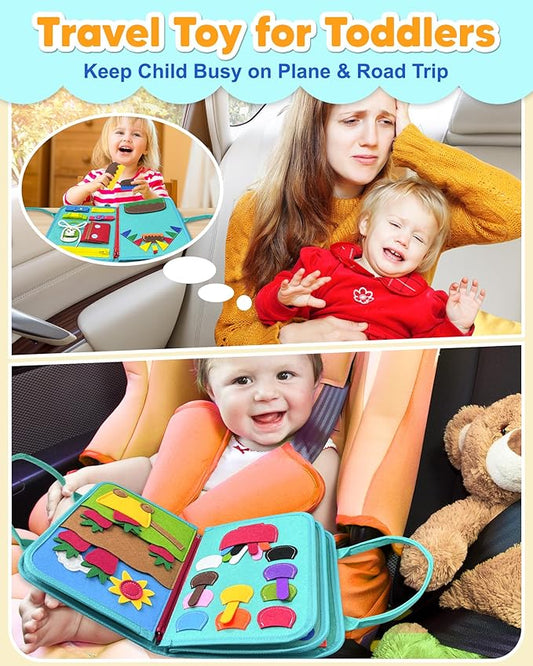 Exorany Busy Board Montessori Toys for Toddler Boy Girl Birthday Gifts, Busy Book Sensory Learning Toys for Toddlers, Toddler Airplane Car Travel Toy Educational Activities