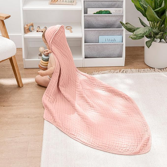 Comfy Cubs Hooded Baby Towel 1-Pack, Large 32 x 32 Inch - 6 Layer 100% Muslin Cotton for Babies, Toddlers and Kids - Soft & Absorbent Baby Bath Towels - Unisex Design for Bath Time - Bold Blush